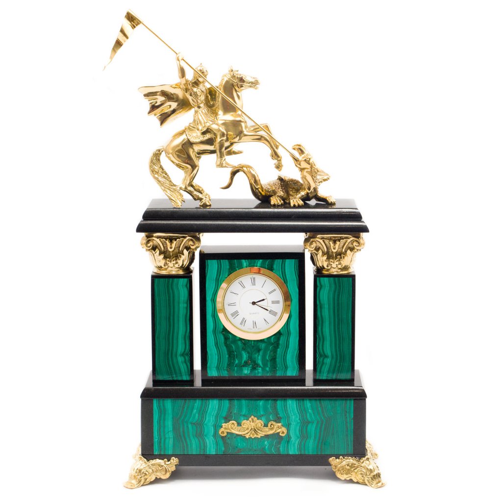 Классические часы в гостиную камень /бронза "Георгий Победоносец" малахит 006455