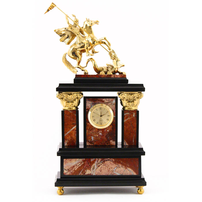 Классические часы для гостиной, каминные камень / бронза "Георгий Победоносец" яшма 3092