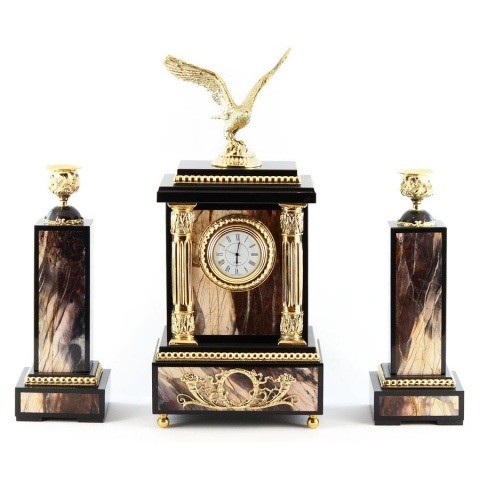 Часы с камнями и 2 канделябрами в гостиную, для камина "Орел", яшма 003132