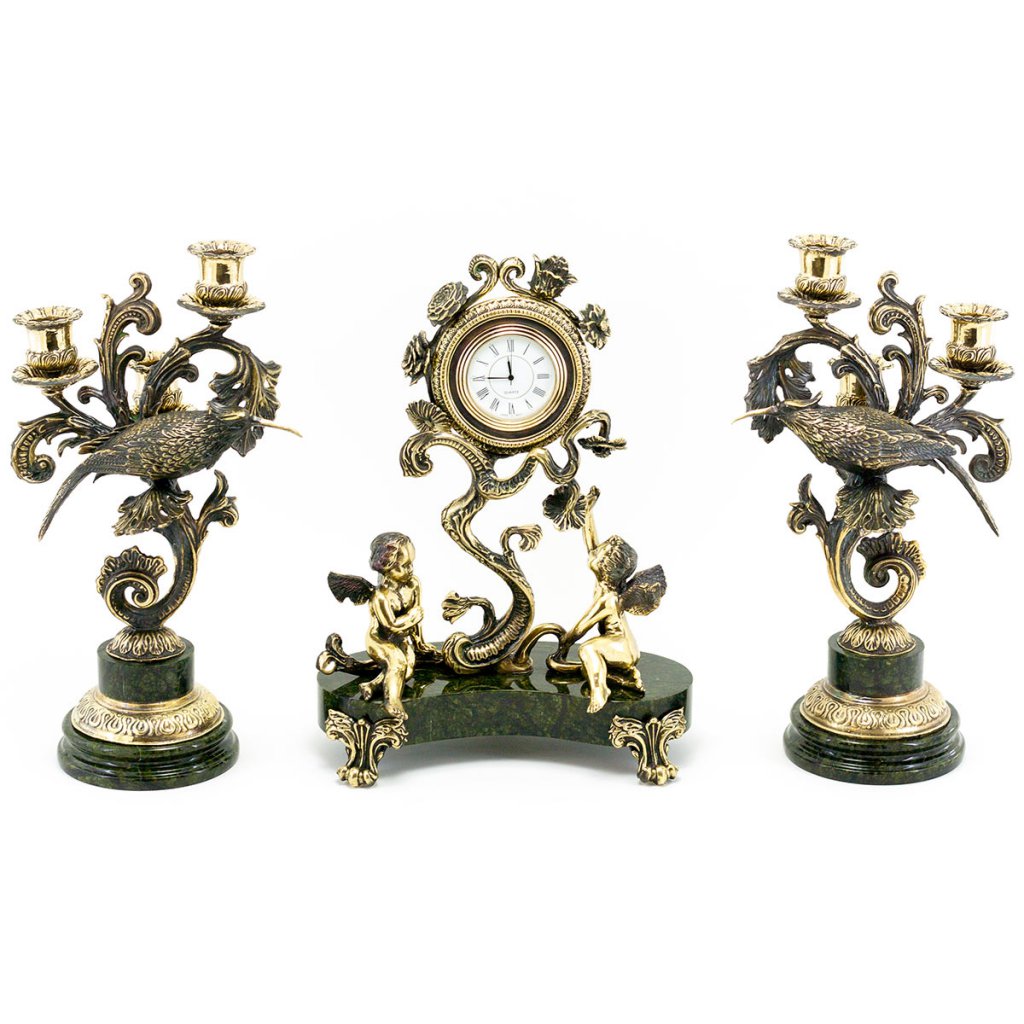 Каминные часы "Колибри" с канделябрами камень змеевик 005013