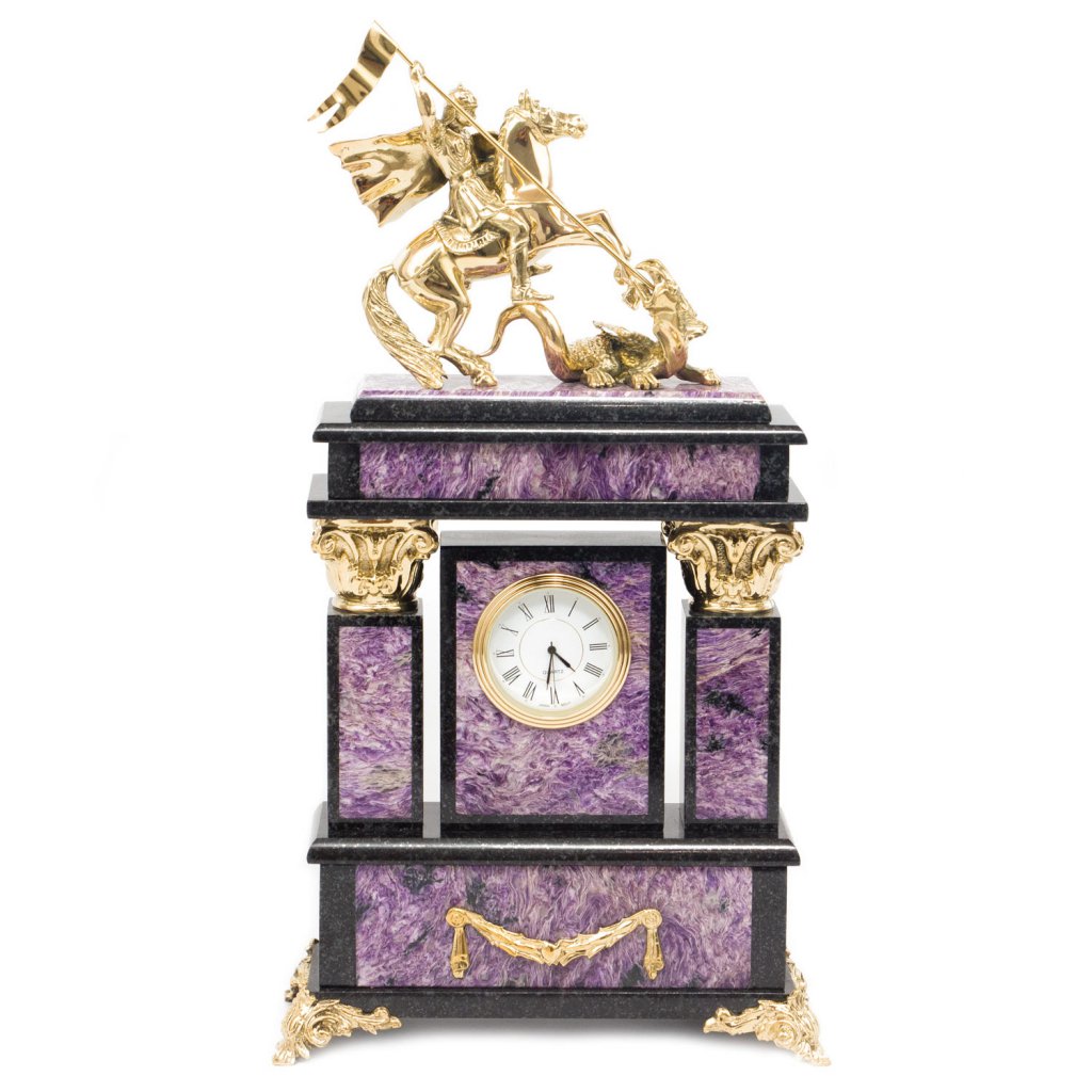  Часы настольные, для камина  камень / бронза "Георгий Победоносец" чароит 005039