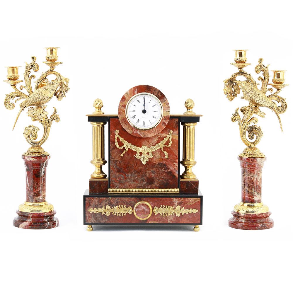 Классические каминные часы из камня с канделябрами "Колибри" яшма 003185