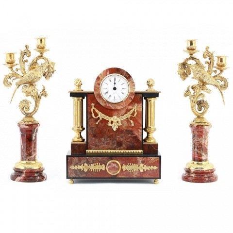 Классические каминные часы из камня с канделябрами "Колибри" яшма 003185