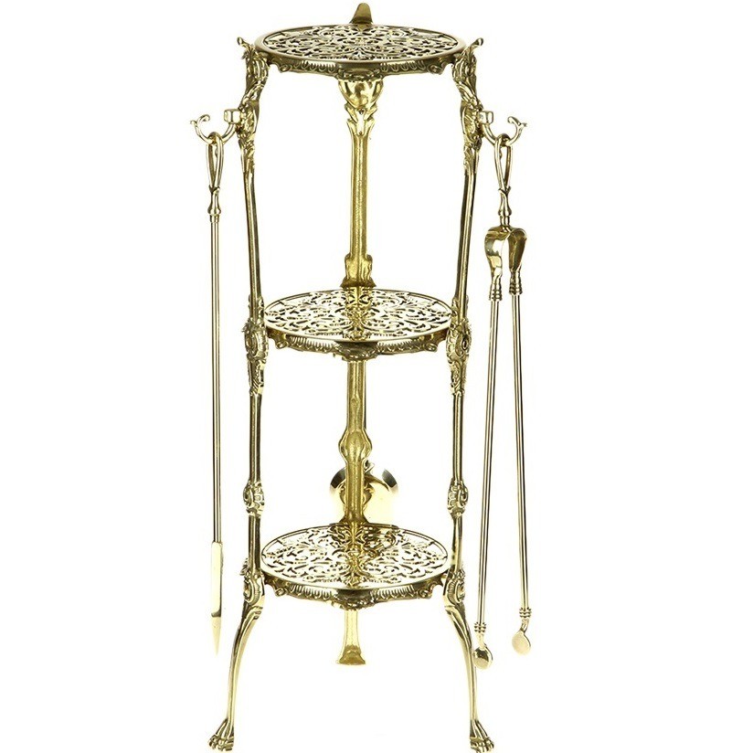Набор для камина: столик с тремя аксессуарами. Совок, метелка, кочерга 01975Италия(латунь)