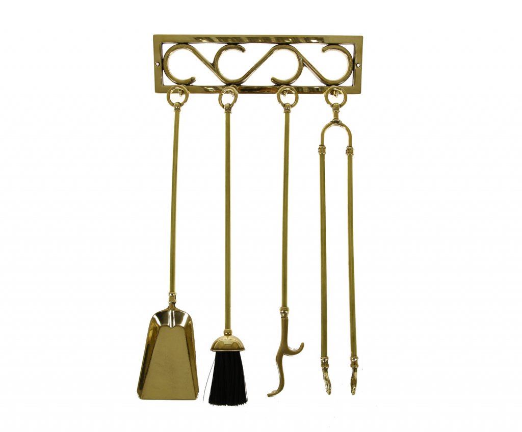 Набор для камина настенный из латуни 1.201, аксессуары: кочерга, щипцы, совок, метелка 