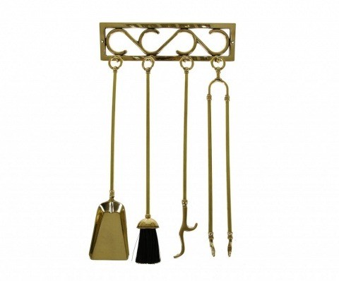 Набор для камина настенный из латуни 1.201, аксессуары: кочерга, щипцы, совок, метелка 