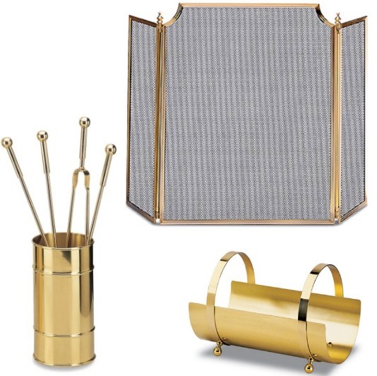 Набор для камина: дровница, экран, аксессуары для камина. Желтая латунь(10.062/10.049/10.225M)