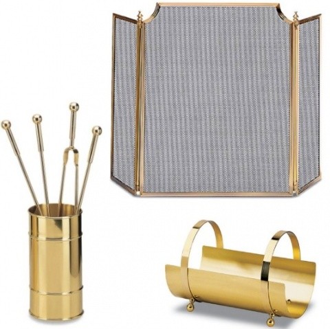 Набор для камина: дровница, экран, аксессуары для камина. Желтая латунь(10.062/10.049/10.225M)