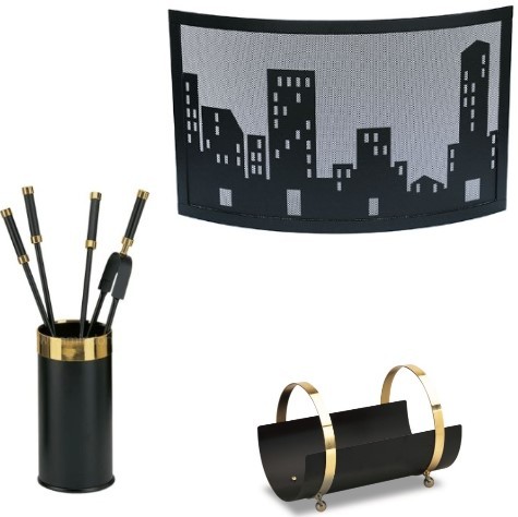 Набор для камина с дровницей, экраном, аксессуары из металла. Черный и золото (50.486/10.508/10.049N)