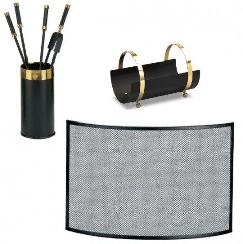 Набор для камин: экран с дровницей и аксессуары для камина из металла. Черный с золотом (50.486/10.508/10.049N)