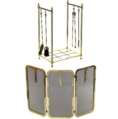 Набор для камина с дровницей, аксессуарами и экраном. Блестящая латунь  (1071N/01976)