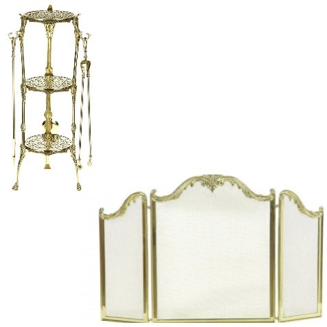 Набор для камина из блестящей латуни: стол, аксессуары, каминный экран (01975/F-229.01)