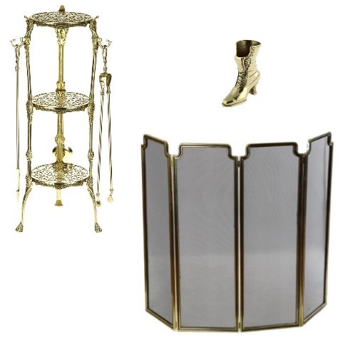 Каминный набор из желтой латуни: экран и дровница с аксессуарами для камина (01976/1046N)