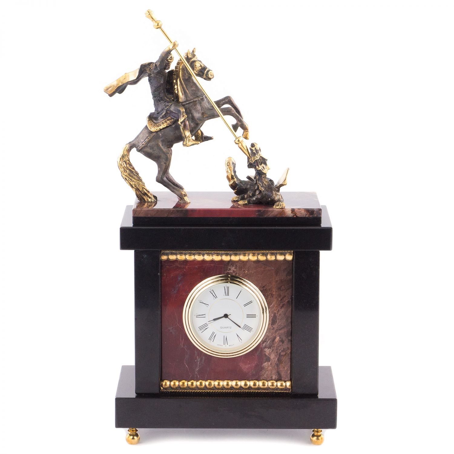  Часы из натурального камня (яшмы) с фигуркой из бронзы Часы настольные, для камина  камень / бронза "Георгий Победоносец" 003568