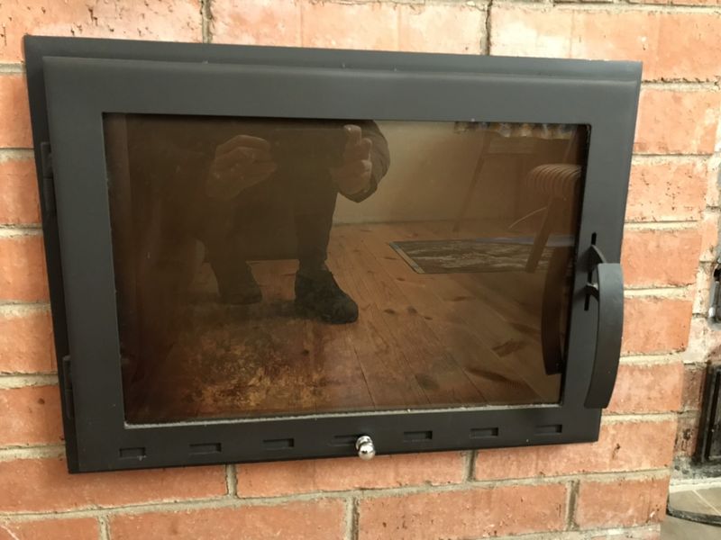 Дверца для печи/камина кованая с огнеупорным стеклом и современной ручкой