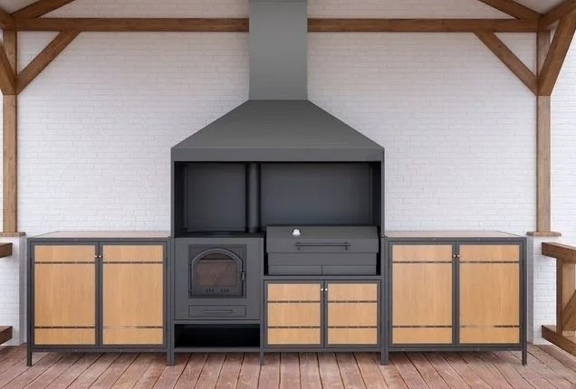 Мангальная зона лофт из металла модульная с деревянными панелями (мангальный комплекс 018)