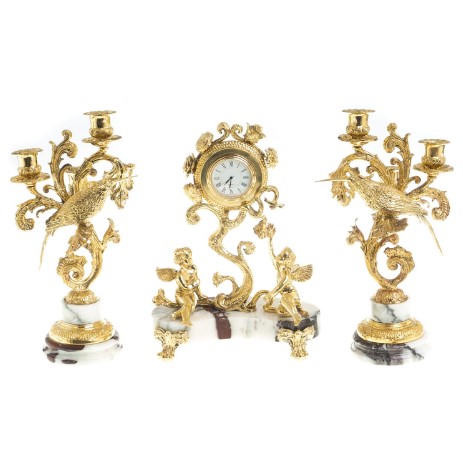 Каминные часы с канделябрами из натурального камня и бронзы, мрамор на 6 свечей "Ангелы"