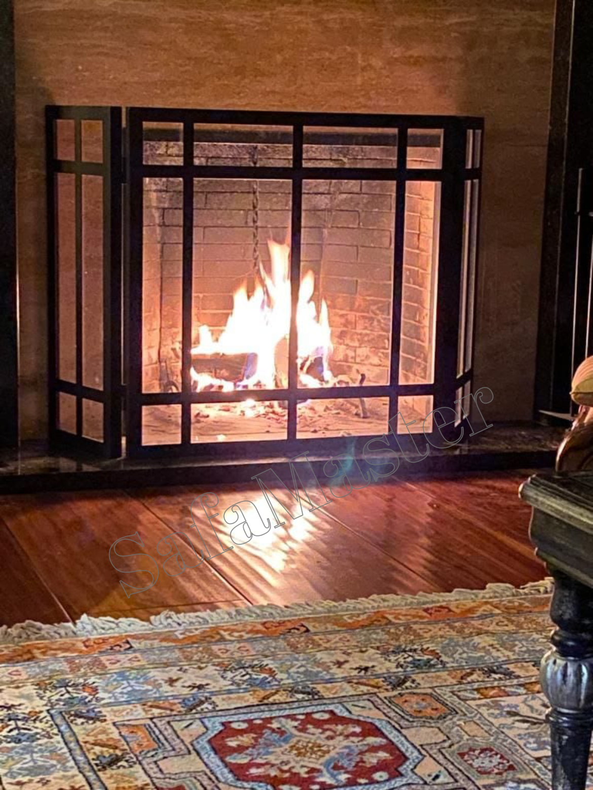 Стеклянный экран для камина кованый малый