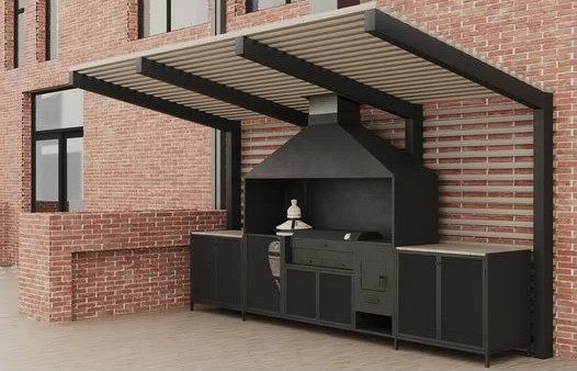 Навес-беседка с мангальной зоной (мангал, печь, 2тумбы, место под тандыр) из металла, столешница лиственница