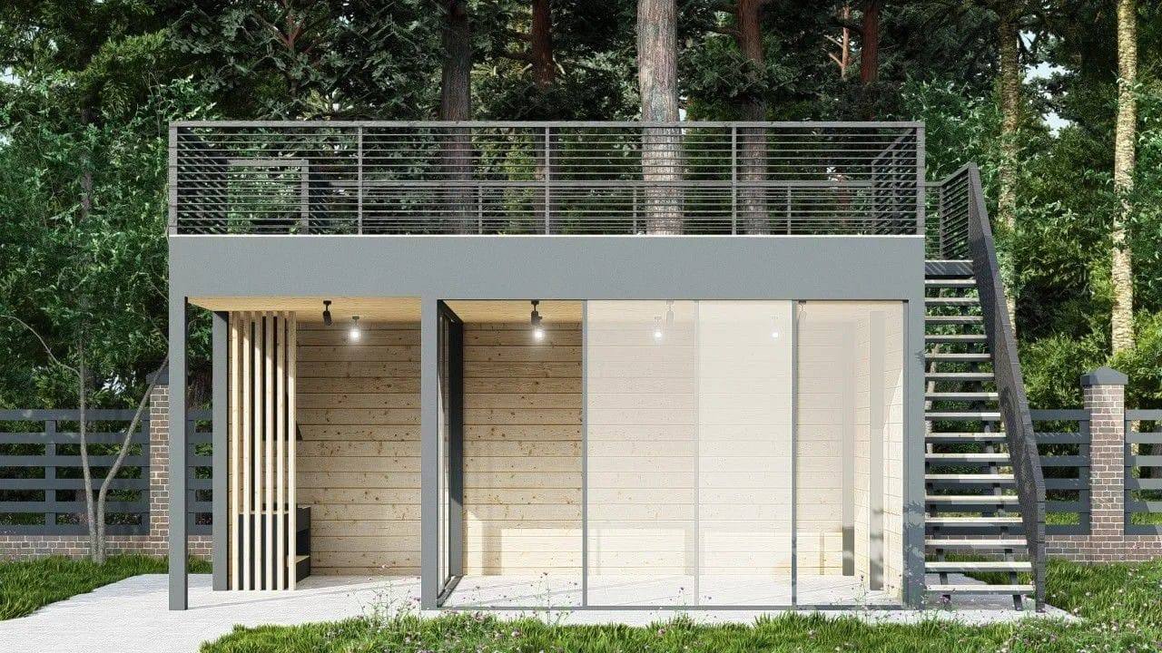 Двухэтажная беседка с террасой и раздвижными стеклами 