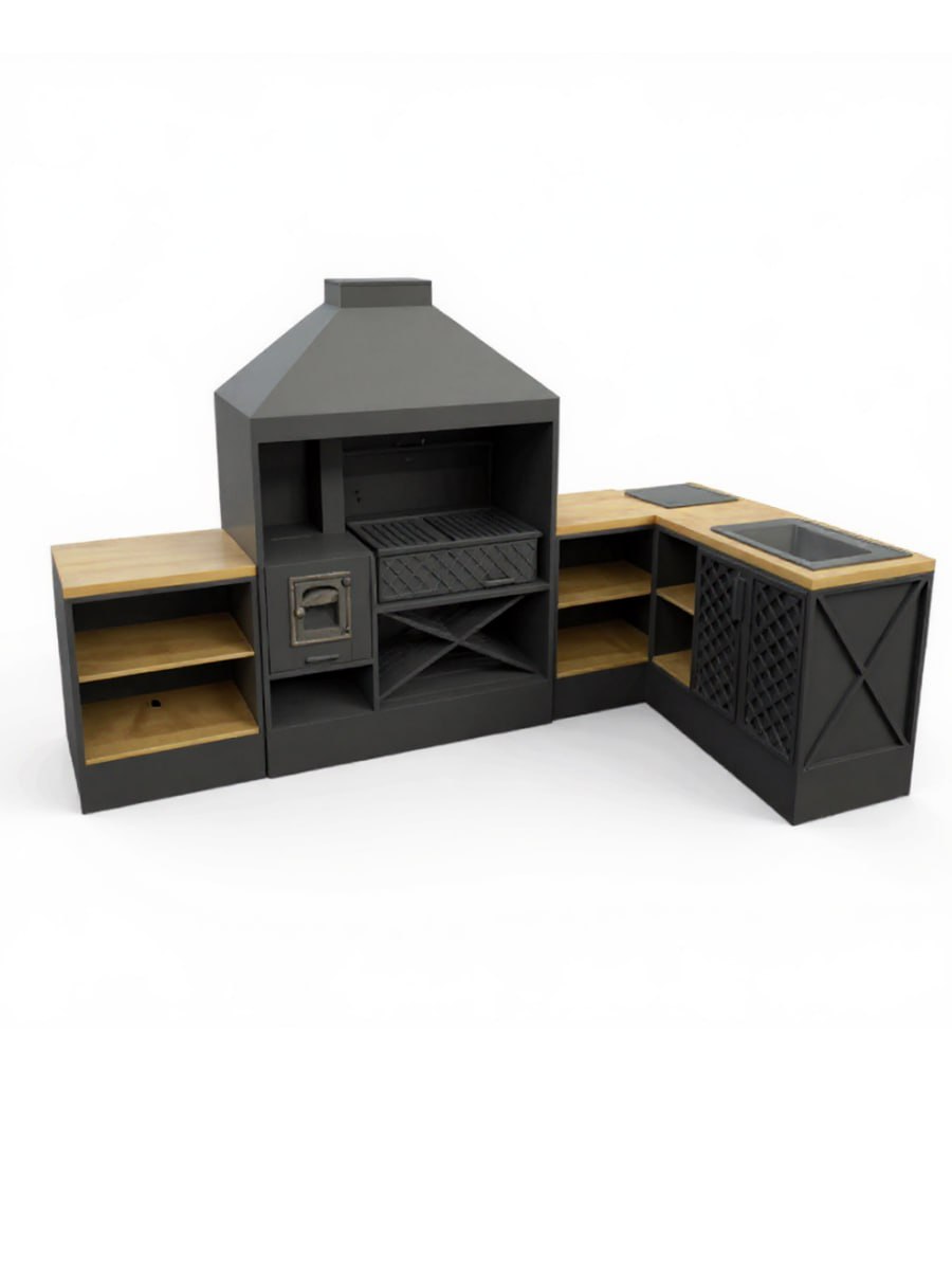 Мангальная зона лофт из металла, профессиональная с мангалом, печью и ковкой, мангальный комплекс 025